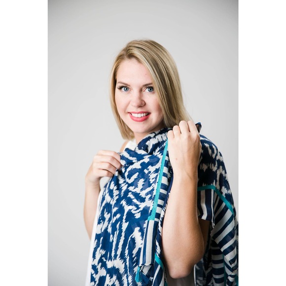 Alma Tassel Rectangle Scarf Navy White Turquoise - Picture 3 of 3